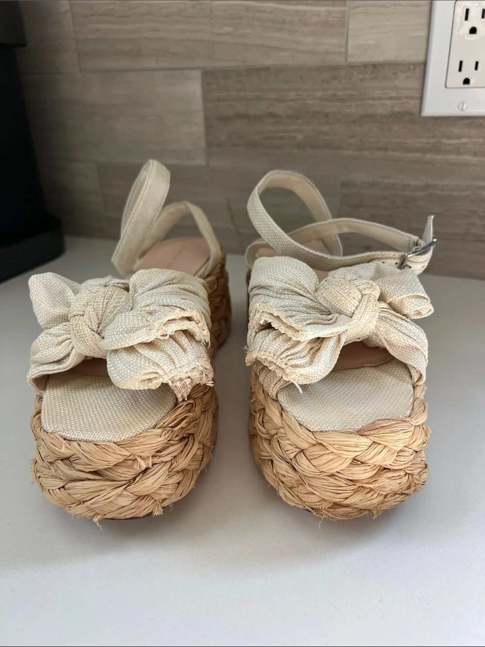 Loeffler Randall gaby espadrille platform sandals heels white tan 7
